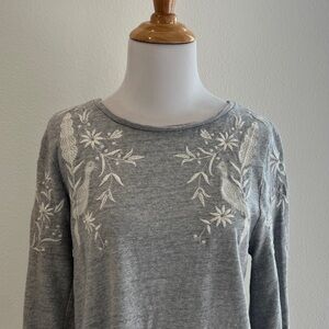 LOFT Heather Gray Floral Embroidered Top